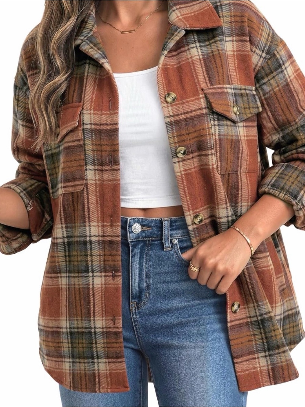 Plaid Button-Up Shacket Jacket in Rust Multi - Picture 7 of 8